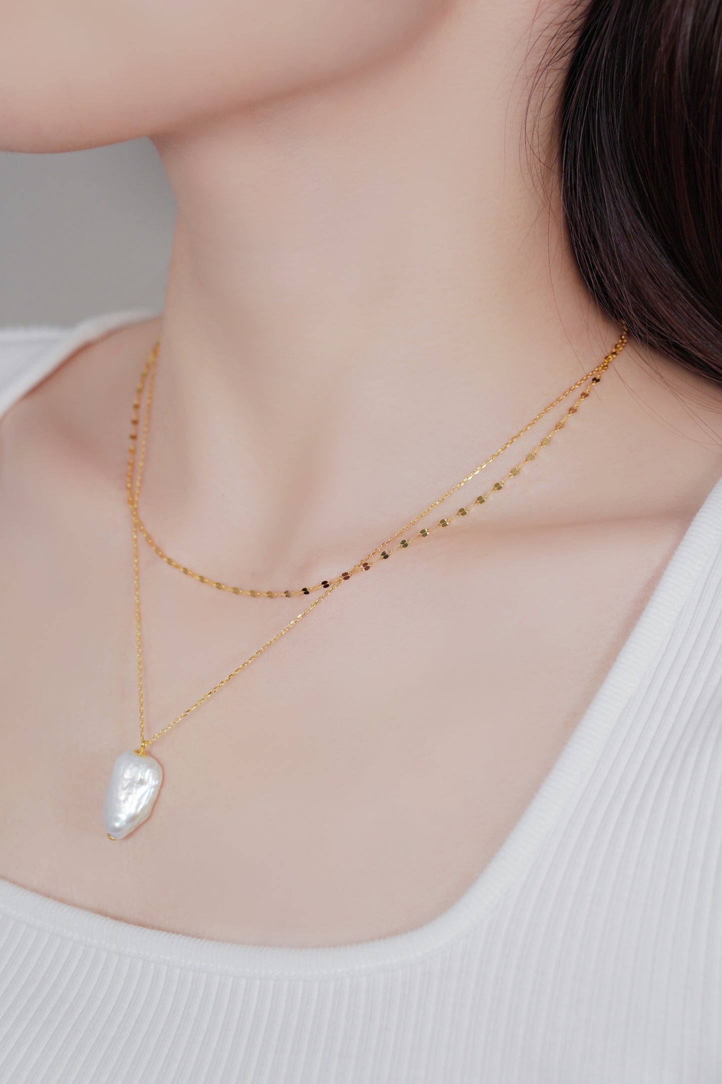 Baroque Pearl Double Chain Pendant Necklace
