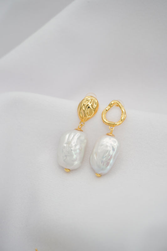 Square Baroque Pearl Drop Stud Earrings